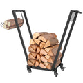 Firewood Rack with Wheels, Metal Log Holder with Kindling and Tool Hooks, Indoor/Outdoor, 31.1" x 11.8" x 31.9", Black