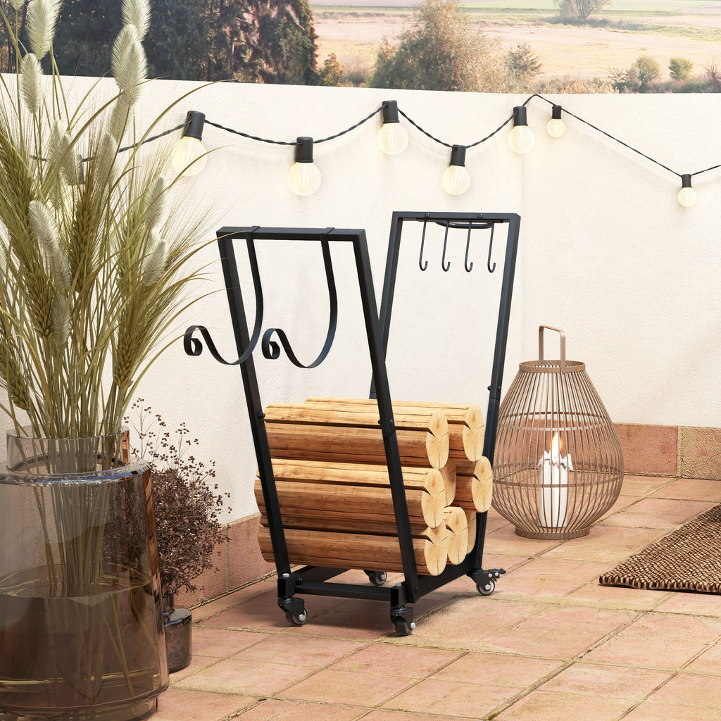 Firewood Rack with Wheels, Metal Log Holder with Kindling and Tool Hooks, Indoor/Outdoor, 31.1" x 11.8" x 31.9", Black