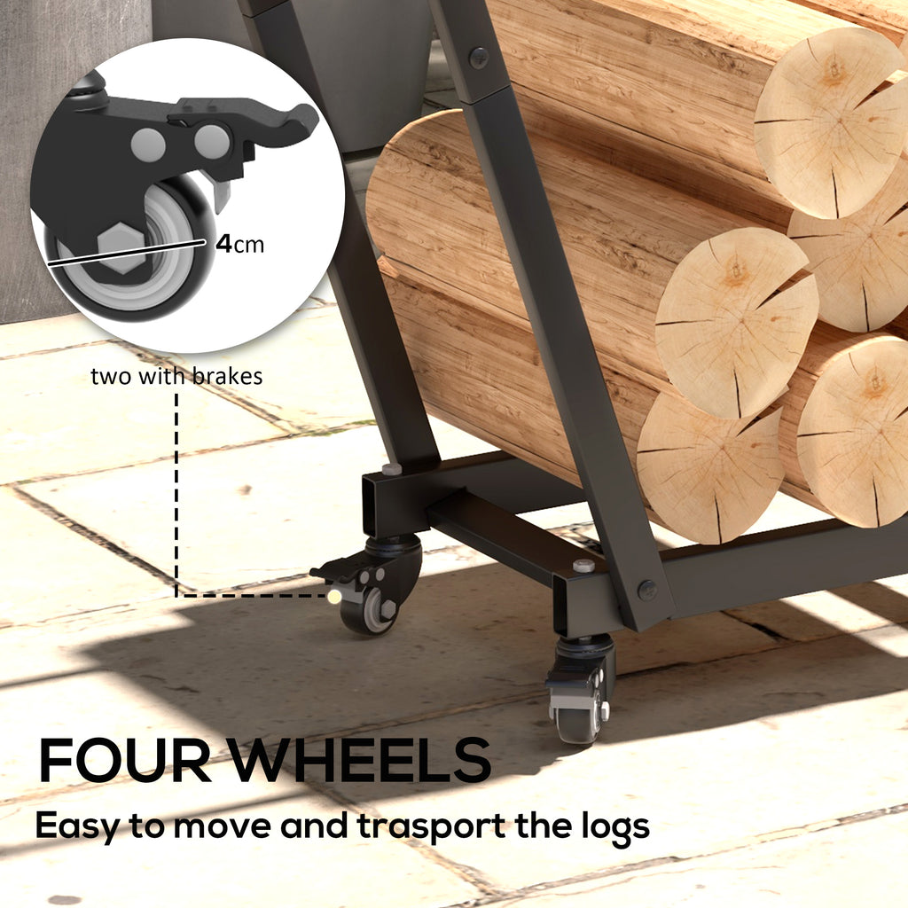 Firewood Rack with Wheels, Metal Log Holder with Kindling and Tool Hooks, Indoor/Outdoor, 31.1" x 11.8" x 31.9", Black